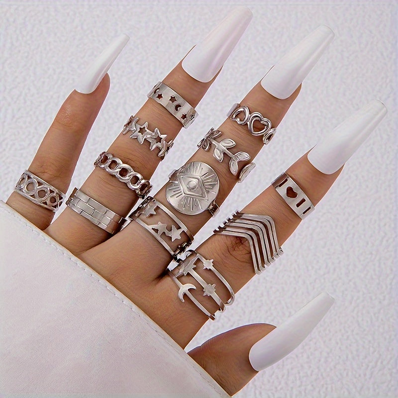 12pcs/set Monochrome Rings Personalized Creative Leaf Love Heart Moon Star Finger Rings