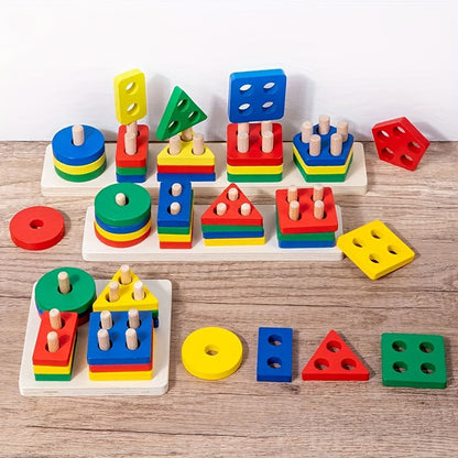 Educational Outdoor Toys, Montessori Wooden Geometric Shapes Sorting Math Stacked Puzzle