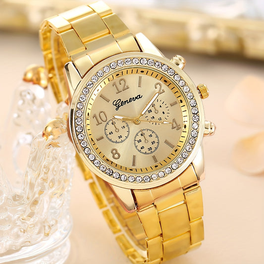 Ladies' Fashion Quartz Watch Golden Steel Strap Water Drill Simulated Wristwatch