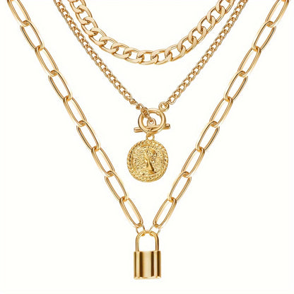 3pcs/Set Vintage Golden Coin Pendant Necklace Stackable Cuban Chain Necklace Women's Jewelry