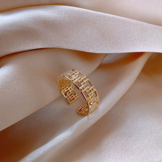 1PC Hollowed-out Geometric Square Open Ring Classic Gold-color Great Wall Design Rings For Women Men Finger Jewelry