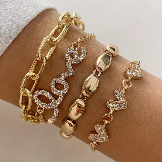 4pcs Chic Bracelets Trendy Chain, Love, Heart Design Paved Shining Stone