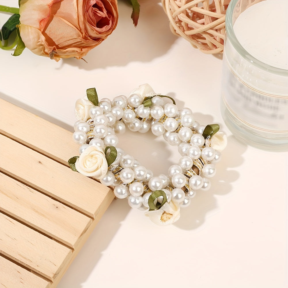 3pcs Faux Pearl Beaded Hair Tie Fabric Rose Leaves Hair Rope Sweet Ponytail Holders Hair Accessories For Women Girls