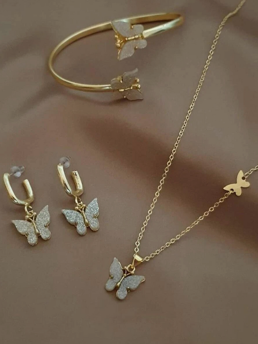 Golden Butterfly Necklace Jewelry Earrings Bracelet Ring Set