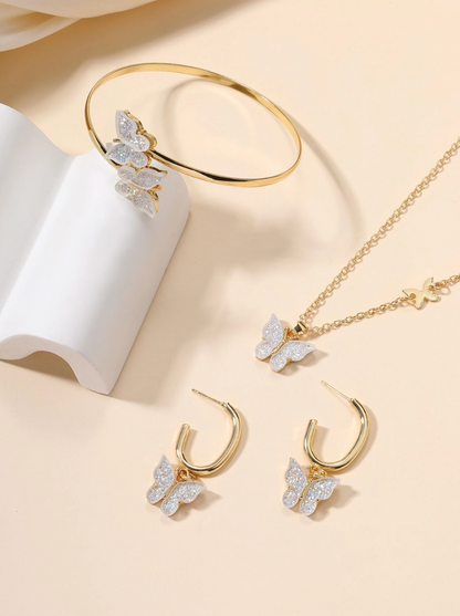 Golden Butterfly Necklace Jewelry Earrings Bracelet Ring Set