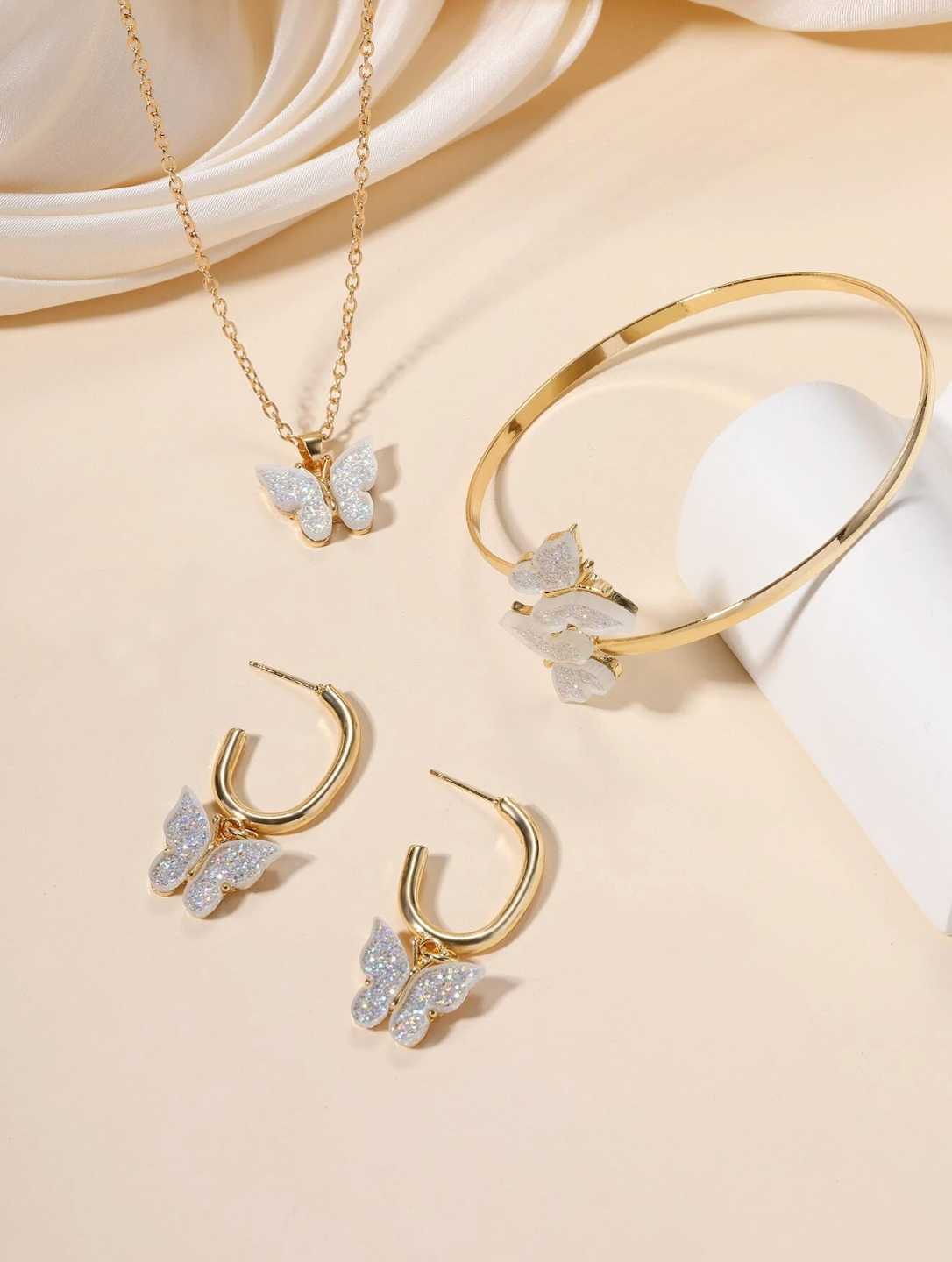 Golden Butterfly Necklace Jewelry Earrings Bracelet Ring Set
