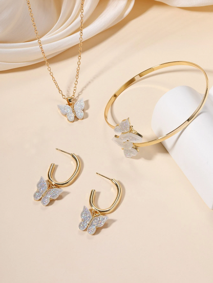 Golden Butterfly Necklace Jewelry Earrings Bracelet Ring Set
