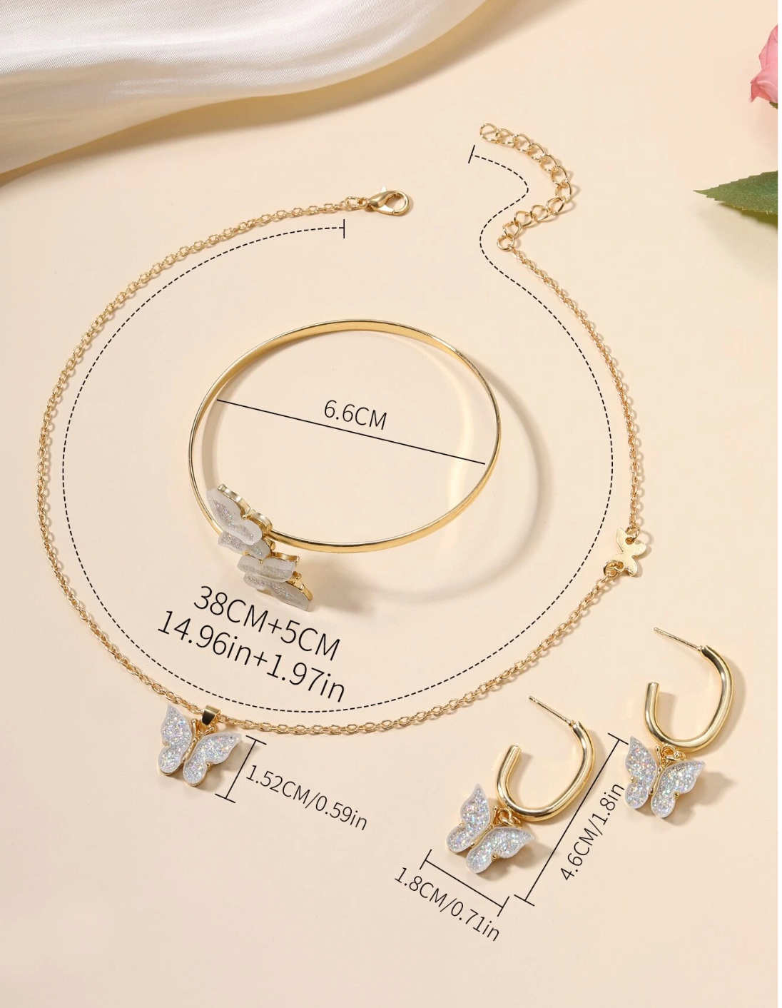 Golden Butterfly Necklace Jewelry Earrings Bracelet Ring Set