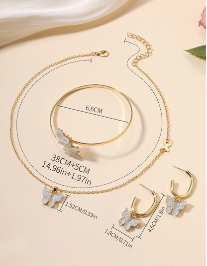 Golden Butterfly Necklace Jewelry Earrings Bracelet Ring Set
