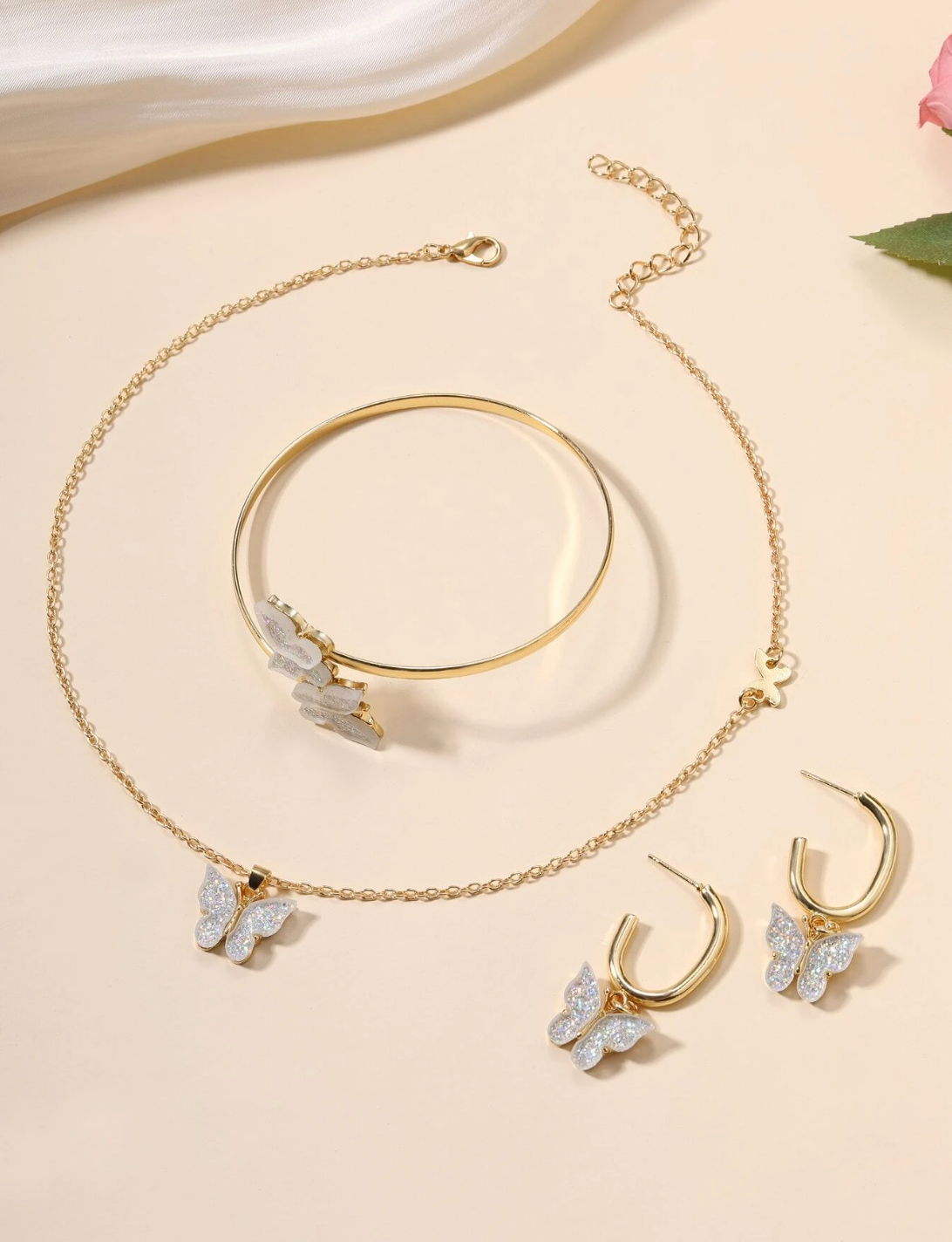 Golden Butterfly Necklace Jewelry Earrings Bracelet Ring Set