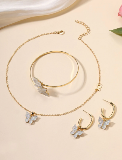 Golden Butterfly Necklace Jewelry Earrings Bracelet Ring Set