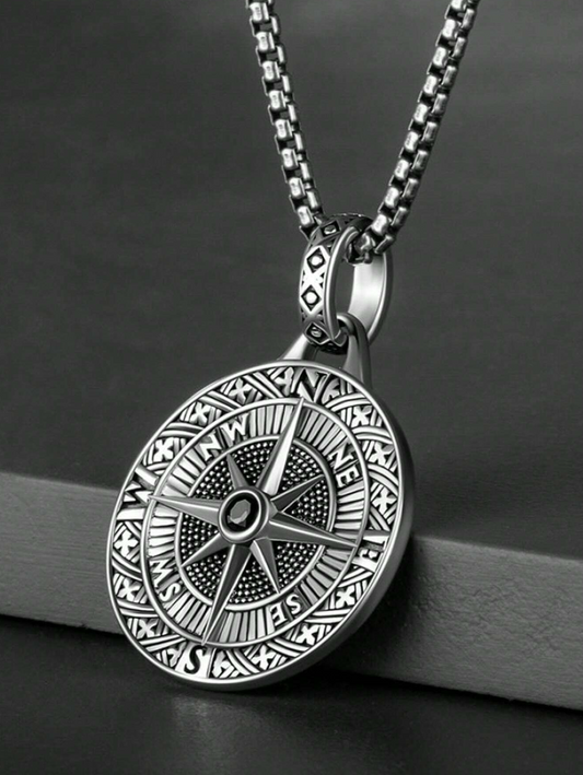 Men's Vintage Compass Pointer Pendant Long Sweater Chain Necklace