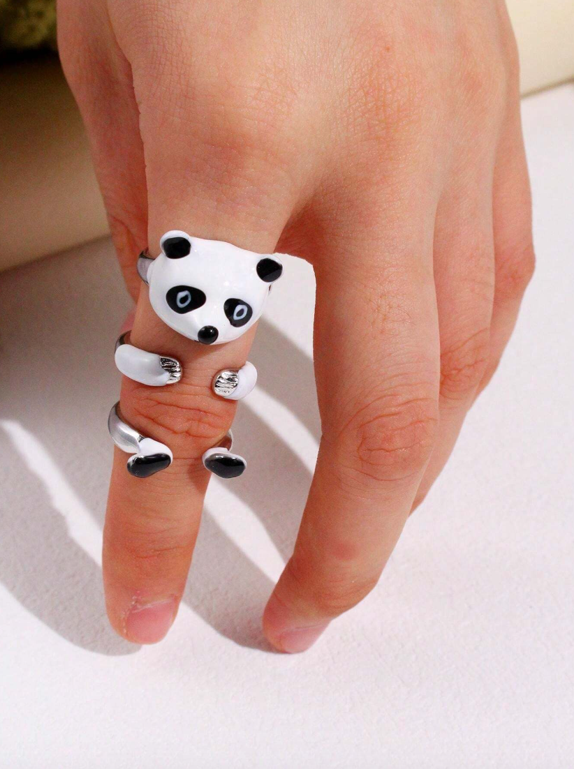 3pcs/Set Funny Cute Panda Shaped Open Ring Adjustable Women's Jewelry