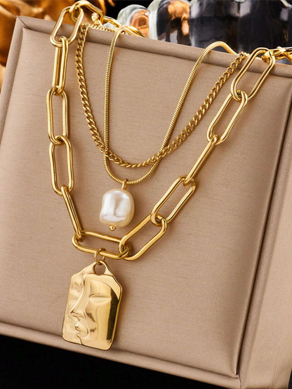 1pc Three-Layer Multi-Layered Face Pendant Stainless Steel Necklace Gold