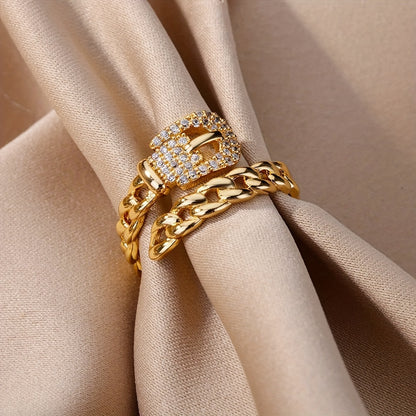 Luxurious Belt Ring Plated Inlaid Zircons Interlocking Ring Table Adjustable Cuff Ring