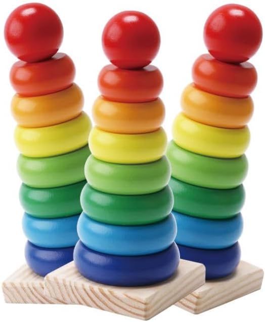 Wooden Rainbow Tower Ring Sorting Toys for Toddlers, Colorful Wooden Toy