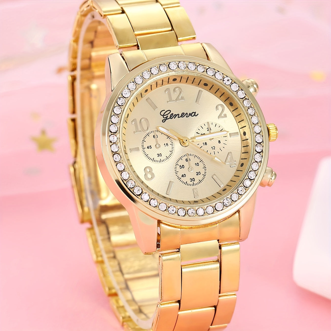Ladies' Fashion Quartz Watch Golden Steel Strap Water Drill Simulated Wristwatch
