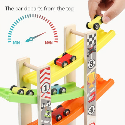 Five-track Gliding Car Wooden Creative Toy, Colorful Building Blocks Track Car Set