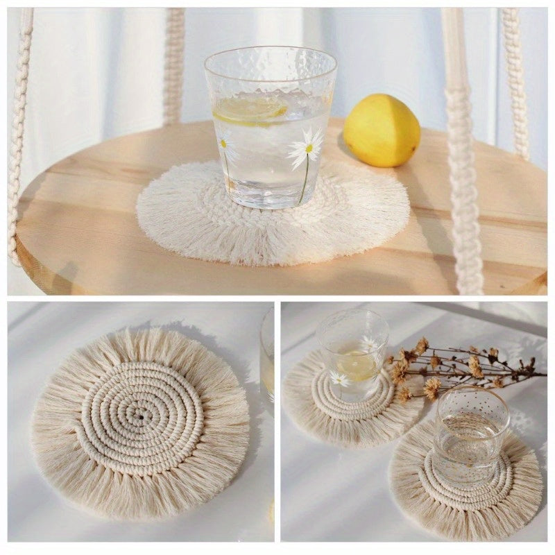 1Pc Round Cotton Braid Coaster Tassel Placemat Handmade Macrame Cup Cushion