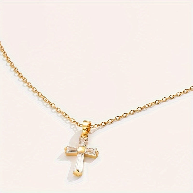 Golden Stainless Steel Cross Pendant Necklace, Retro Fashion Necklace