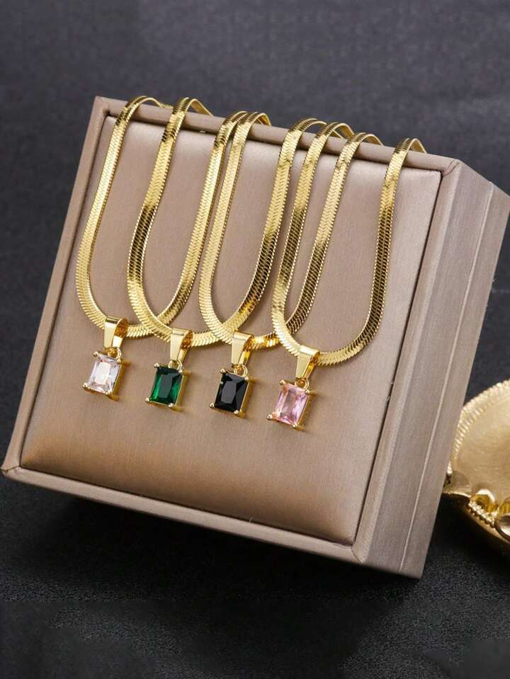 1PC Stainless Steel Golden Minimalist Square Cubic Zirconia Pendant
