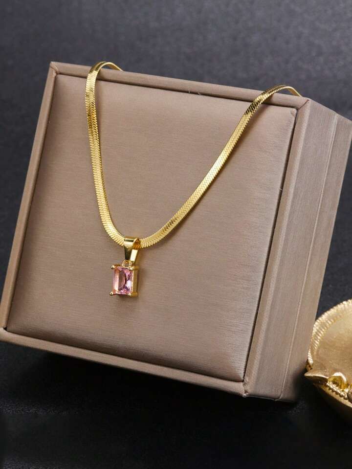 1PC Stainless Steel Golden Minimalist Square Cubic Zirconia Pendant