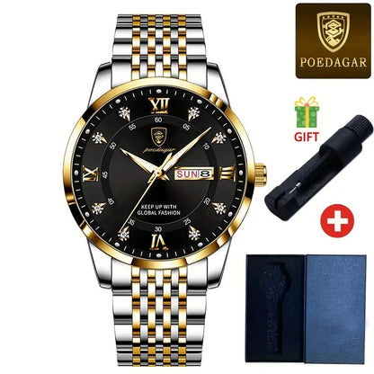 POEDAGAR Men's Watch Luxury Rhinestone Quartz Watch Luminous WR Fashion Calendar