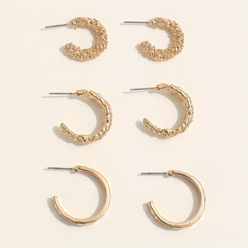 3 Pairs Golden Hoop Earrings Elegant