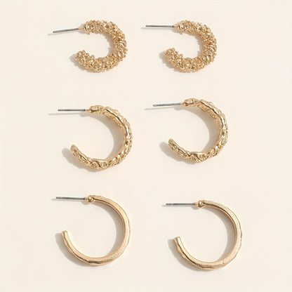 3 Pairs Golden Hoop Earrings Elegant