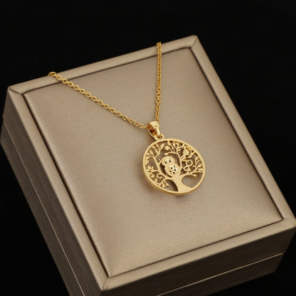 Delicate Hollow Animals Owl Tree Golden Round Pendant Necklace Jewelry