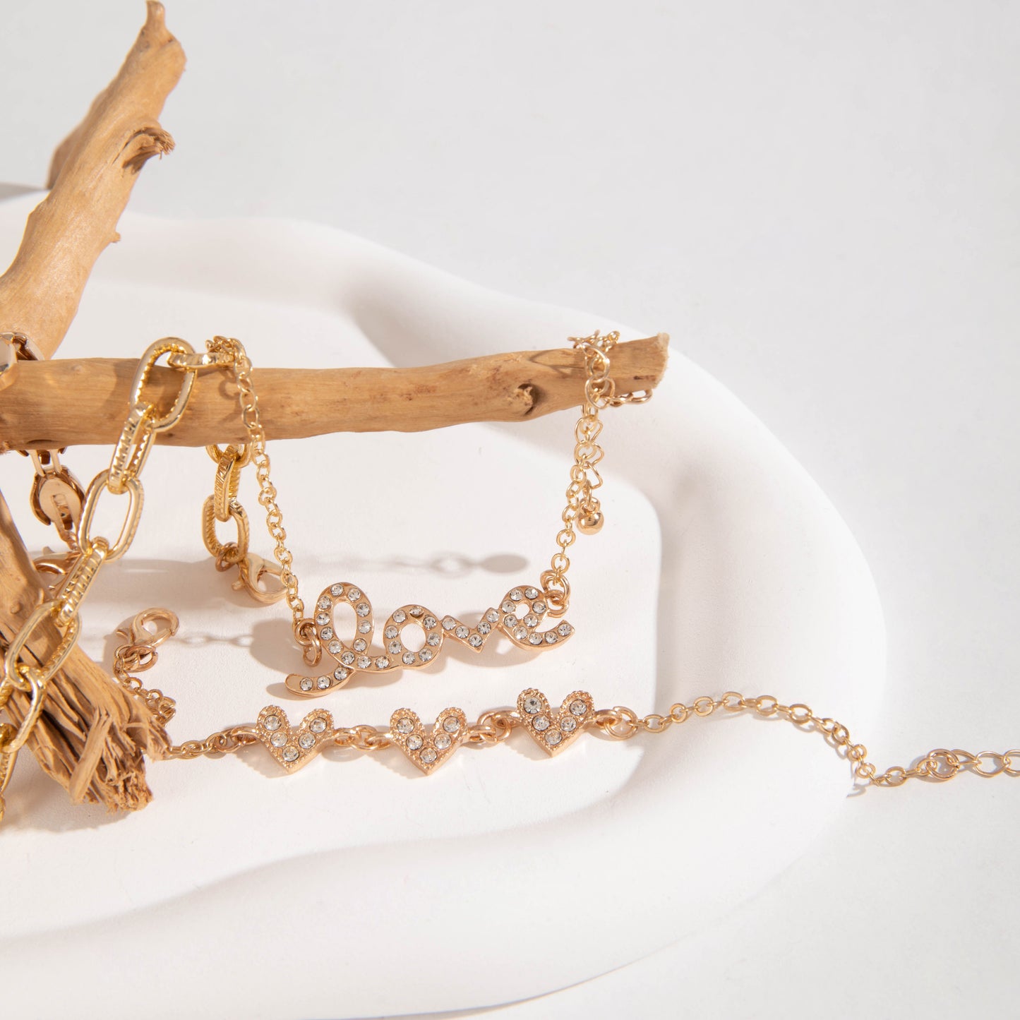 4pcs Chic Bracelets Trendy Chain, Love, Heart Design Paved Shining Stone