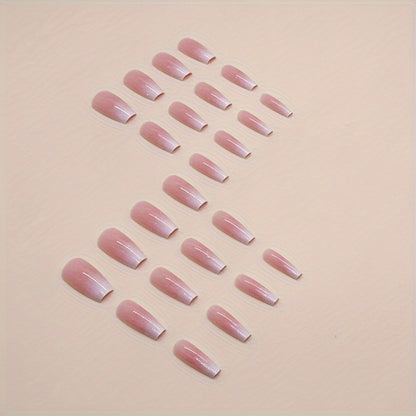 24pcs Glossy Long Ballerina Fake Nails, White And Pinkish Gradient Press On Nails, Gentle False Nails For Women Girls