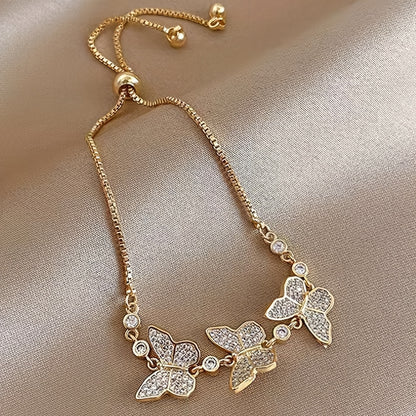 Adjustable Butterfly Chain Bracelet Inlaid Shiny Zircon 14K Plated Copper