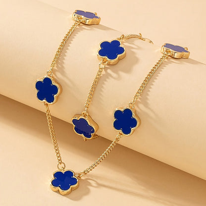 Blue Necklace + Bracelet Chic Jewelry Set Trendy Lucky Flower Design