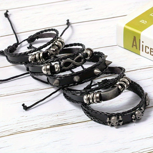 5pcs/set Men's Punk Style Alloy Figure Eight Skull Pu Leather Bracelet, Hip Hop Woven Set Bracelet