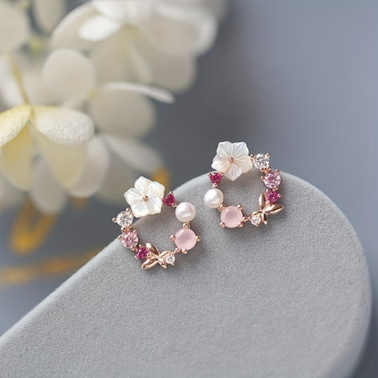 Elegant Faux Pearl Flower Stud Earrings Sweet Coquette Style Jewelry