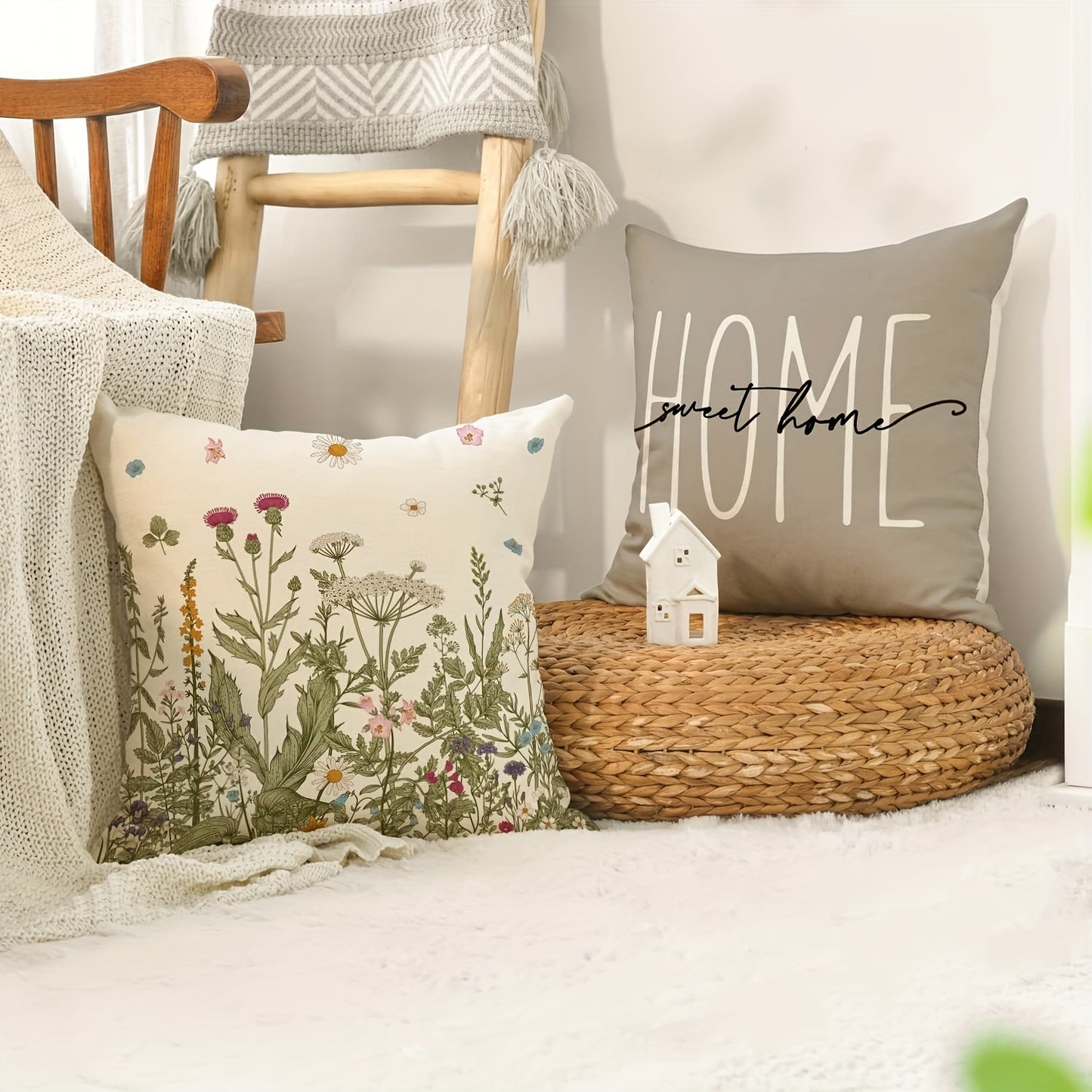 4pcs Spring Wildflowers Home Sweet Home Throw Pillow Covers, 45.72x45.72 Cm