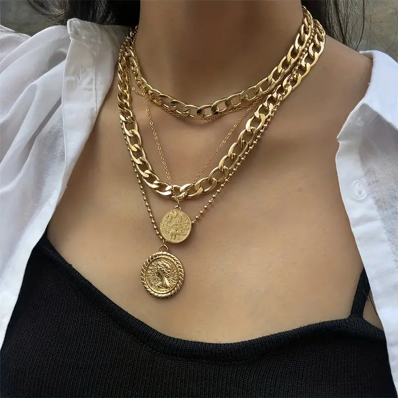 Punk Golden Color Portrait Coin Pendant Necklace For Women