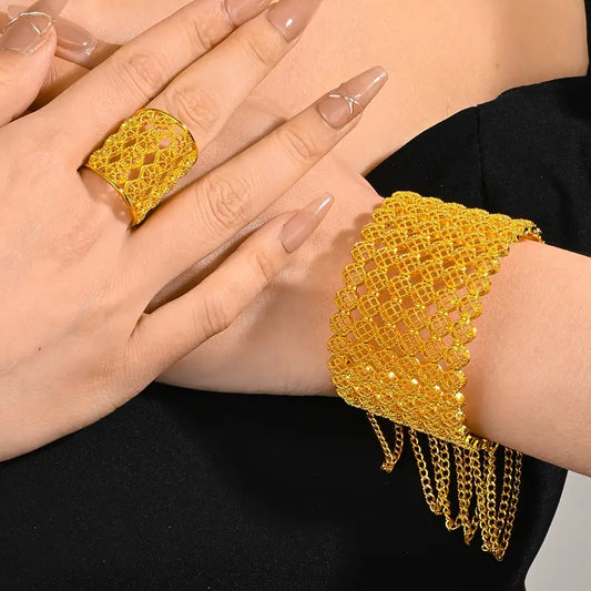 Vintage Luxury 18K Golden Plated Wide Cuff Bracelet and Ring Set