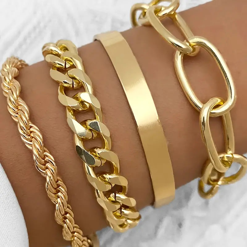 4pcs Chunky Cuban Chain Bracelet Set Punk Style Zinc Alloy Hand Chain Jewelry Set