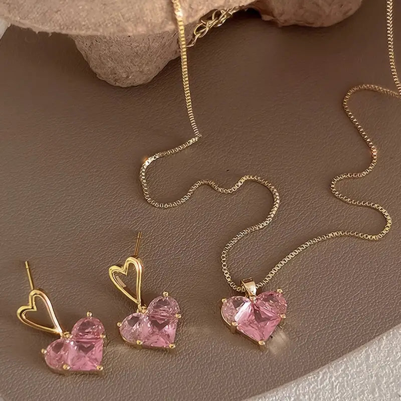 Heart Shape Shiny Rhinestone Decor Dangle Earrings &amp; Pendant Necklace Elegant Y2K