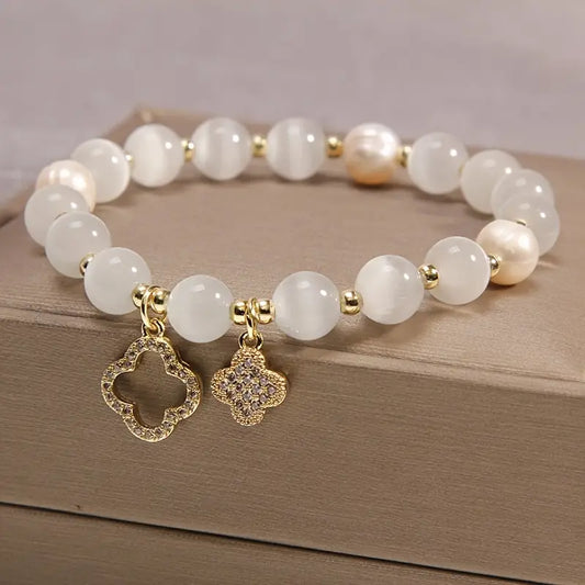 Chic Four-Leaf Clover Glass Bead Bracelet for Women - Stretchy Elastic Cord