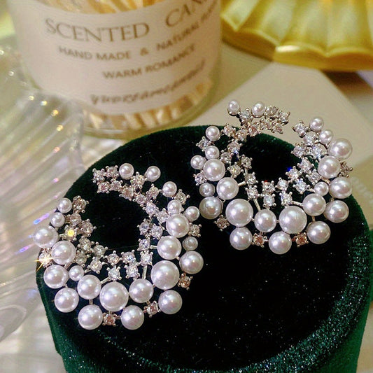 Silver Luxury C-shaped Pearl Earrings Round Zirconia Earrings