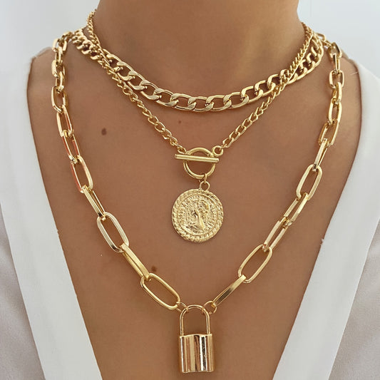 3pcs/Set Vintage Golden Coin Pendant Necklace Stackable Cuban Chain Necklace Women's Jewelry