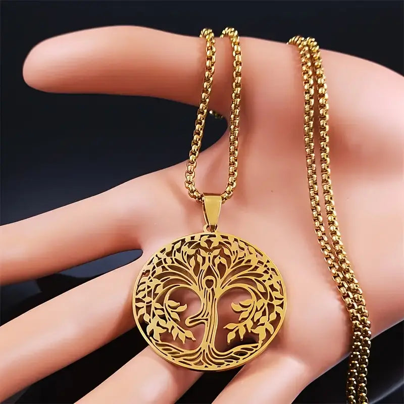 Golden Stainless Steel Necklace With A Large Tree-shaped Pendant