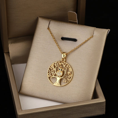 Delicate Hollow Animals Owl Tree Golden Round Pendant Necklace Jewelry