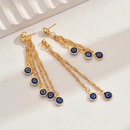 Chic 18K Gold-Plated Tassel Earrings with Blue Eye Accents - Boho/Cute Style