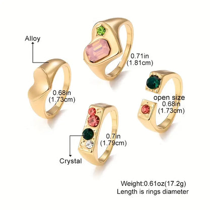 4pcs Y2k Style Stacking Rings Chunky Heart/ Colorful Geometry Design Inlaid Rhinestone