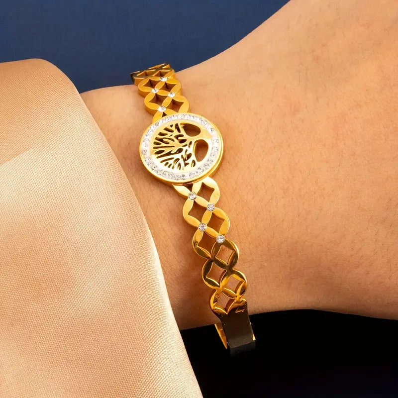 1pc Golden Tree Of Life Design Bracelet, Stainless Steel Bangle For Men/Women