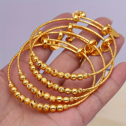 2pcs Classic Adjustable 24k Gold Plated Beaded Bangles, Middle Eastern Inspired